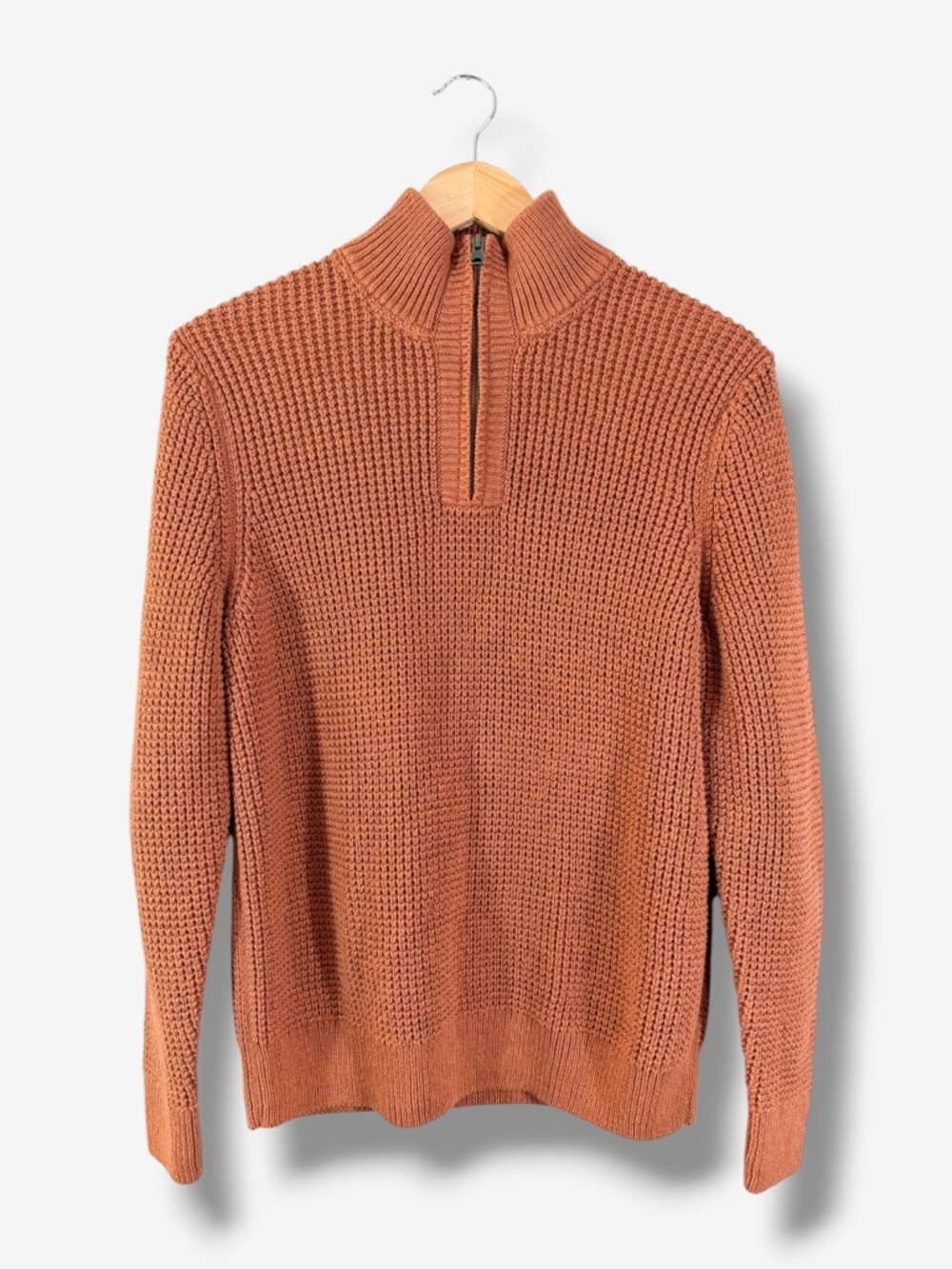 LL Bean Men’s Quarter Zip Size M Rust Brown Orange Thermal Waffle Knit Cotton